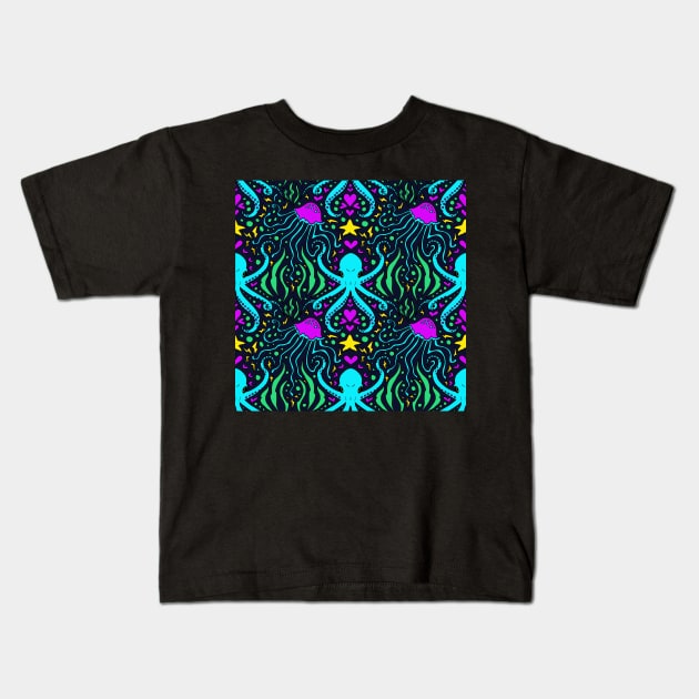 Black Background Disco Octopus Kids T-Shirt by JamieWetzel